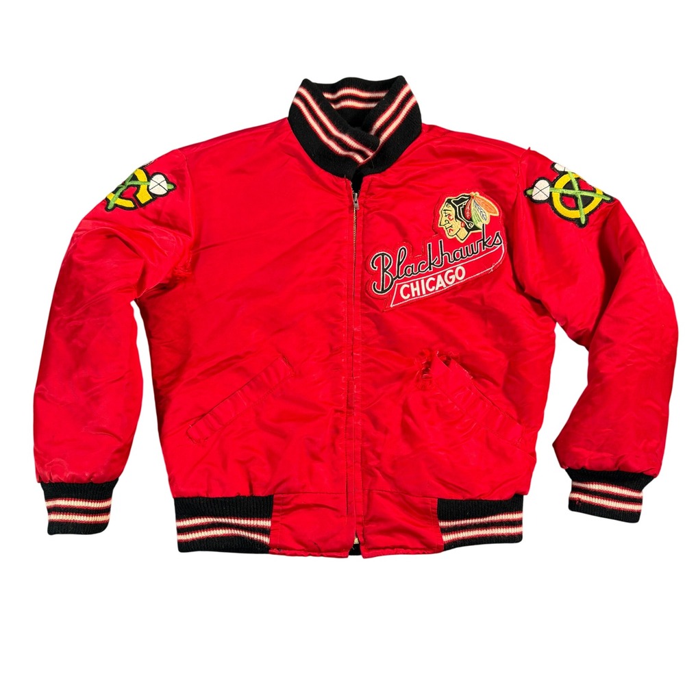 Vintage Chicago‎ Blackhawks Satin Bomber Jacket Men's Large Red NHL Hockey 1950s